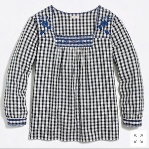 JCrew Gingham Embroidered Peasant Top XXS